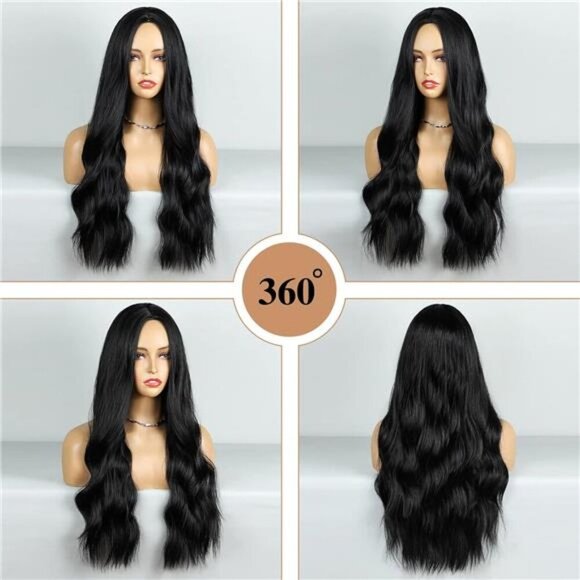 Black Wig Long Wavy Wig For Women Middle Part Wavy Wigs Synthetic Heat Resistant - Picture 3 of 4